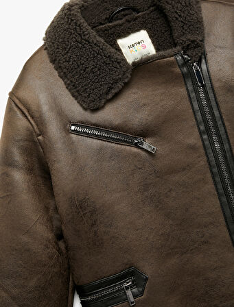 Fermuarlı İçi Peluş Astarlı Uzun Kollu Suni Süet Ceket