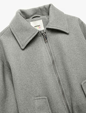 Gömlek Yaka Uzun Kollu Cepli Fermuarlı Crop Ceket 