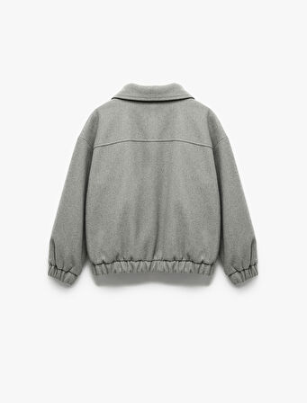 Gömlek Yaka Uzun Kollu Cepli Fermuarlı Crop Ceket 