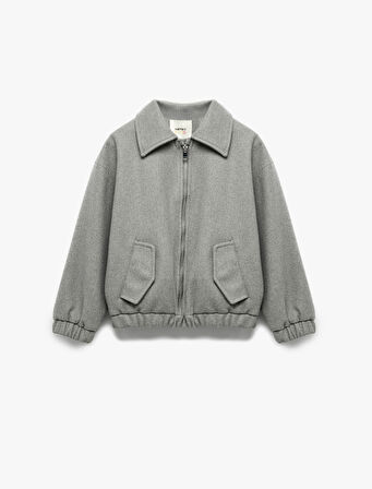 Gömlek Yaka Uzun Kollu Cepli Fermuarlı Crop Ceket 