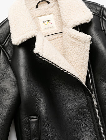 Kruvaze Yaka Rahat Kesim Cep Detaylı İçi Peluşlu Suni Deri Ceket
