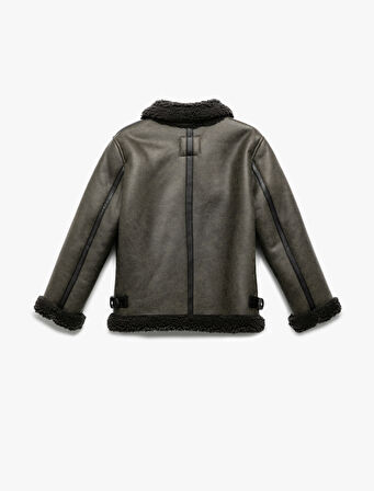 Peluş Detaylı Gömlek Yaka Uzun Kollu Oversize Biker Ceket