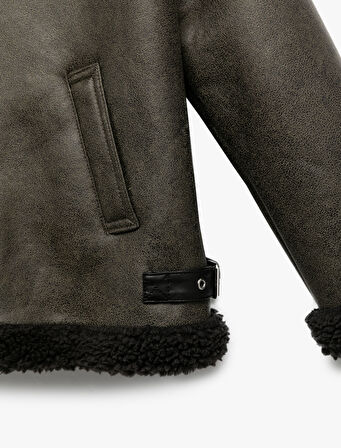 Peluş Detaylı Gömlek Yaka Uzun Kollu Oversize Biker Ceket