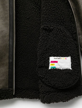 Peluş Detaylı Gömlek Yaka Uzun Kollu Oversize Biker Ceket