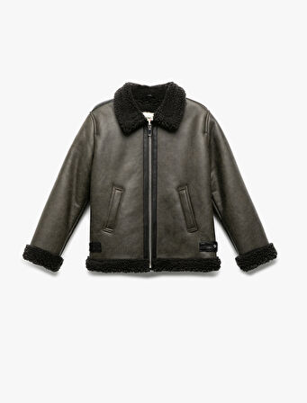 Peluş Detaylı Gömlek Yaka Uzun Kollu Oversize Biker Ceket