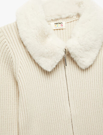 Uzun Kollu Peluş Yaka Viskon Karışımlı Fermuarlı Triko Hırka