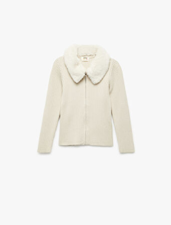 Uzun Kollu Peluş Yaka Viskon Karışımlı Fermuarlı Triko Hırka