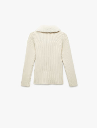 Uzun Kollu Peluş Yaka Viskon Karışımlı Fermuarlı Triko Hırka