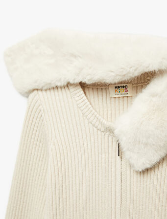 Uzun Kollu Peluş Yaka Viskon Karışımlı Fermuarlı Triko Hırka