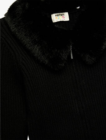 Uzun Kollu Peluş Yaka Viskon Karışımlı Fermuarlı Triko Hırka