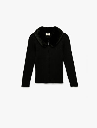 Uzun Kollu Peluş Yaka Viskon Karışımlı Fermuarlı Triko Hırka