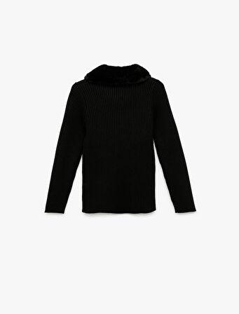 Uzun Kollu Peluş Yaka Viskon Karışımlı Fermuarlı Triko Hırka