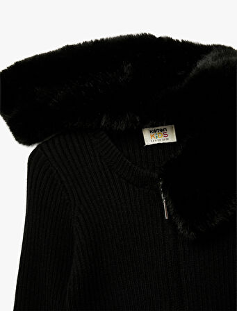 Uzun Kollu Peluş Yaka Viskon Karışımlı Fermuarlı Triko Hırka