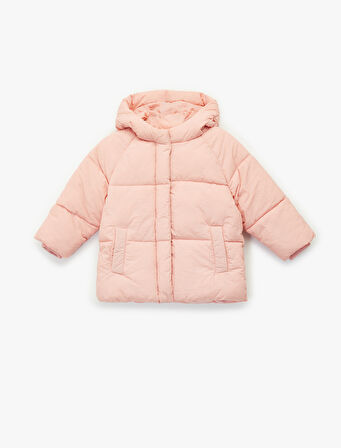 Kapşonlu Cepli Uzun Kollu Fermuarlı Şişme Mont