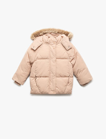 Kapşonlu Uzun Kollu Kapitone Şişme Mont