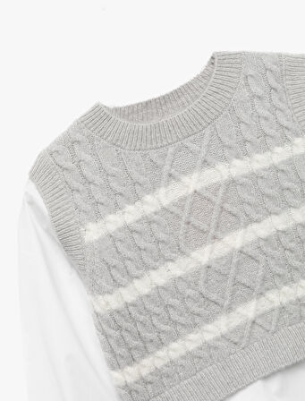 Uzun Kollu Tişört Detaylı Bisiklet Yaka Triko Kazak