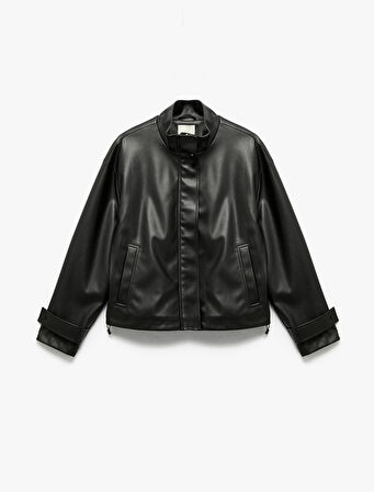 Astarlı Uzun Kollu Dik Yaka Fermuarlı Suni Deri Ceket