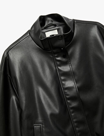 Astarlı Uzun Kollu Dik Yaka Fermuarlı Suni Deri Ceket