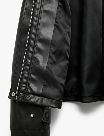 Astarlı Uzun Kollu Dik Yaka Fermuarlı Suni Deri Ceket