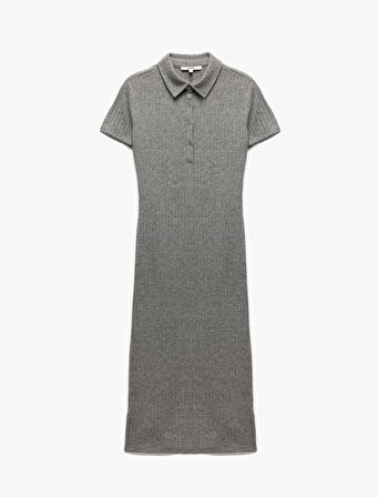 Viskon Slim Fit Kısa Kollu Midi Polo Yaka Kalem Elbise