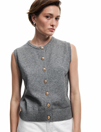 Kolsuz Bisiklet Yaka Düğmeli Triko Yelek