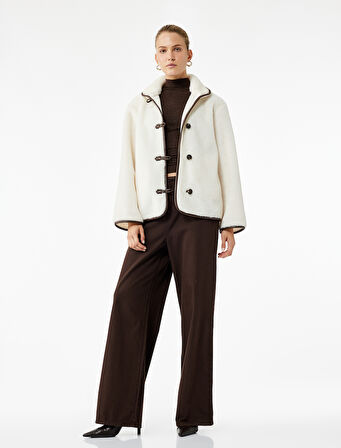 Uzun Kollu Düğmeli Kruvaze Peluş Ceket