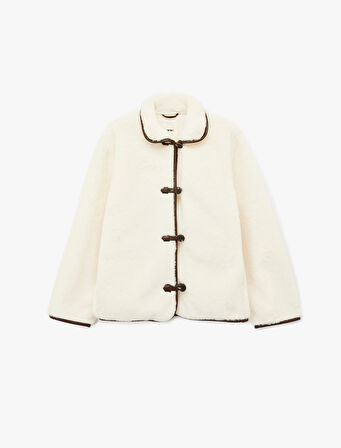 Uzun Kollu Düğmeli Kruvaze Peluş Ceket