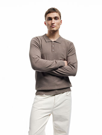 Uzun Kollu Düğmeli Polo Yaka Triko Kazak