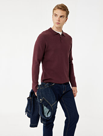 Uzun Kollu Düğmeli Polo Yaka Triko Kazak