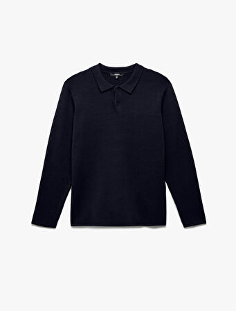 Uzun Kollu Düğmeli Polo Yaka Triko Kazak