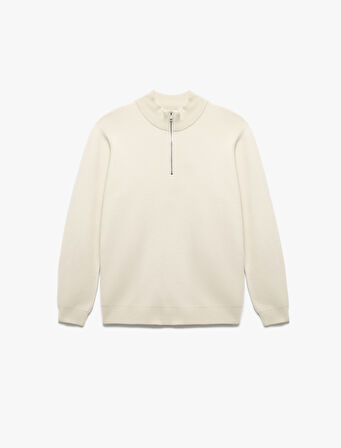 Uzun Kollu Viskon Karışımlı Yarım Fermuarlı Triko Kazak