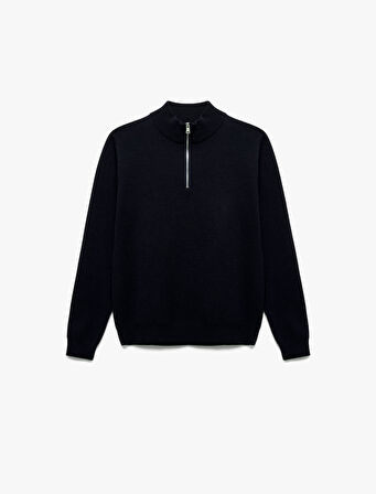 Uzun Kollu Viskon Karışımlı Yarım Fermuarlı Triko Kazak