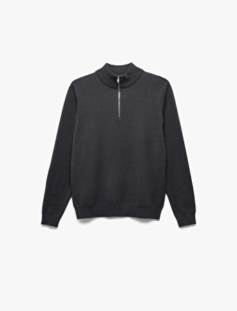 Uzun Kollu Viskon Karışımlı Yarım Fermuarlı Triko Kazak