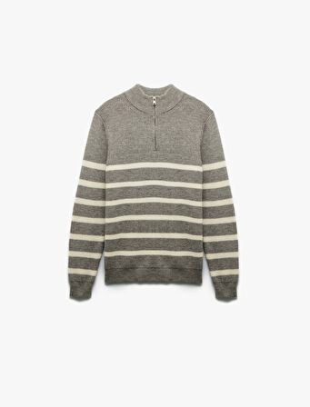 Uzun Kollu Çizgili Yarım Fermuarlı Triko Kazak