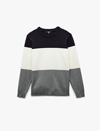 Uzun Kollu Renk Bloklu Bisiklet Yaka Triko Kazak