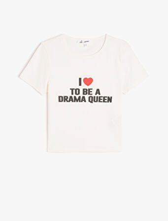 Slogan Baskılı Kısa Kollu Slim Fit Bisiklet Yaka Tişört