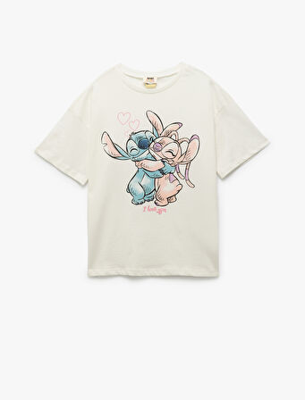 Pamuklu Lisanslı Stitch Baskılı Bisiklet Yaka Kısa Kollu Tişört