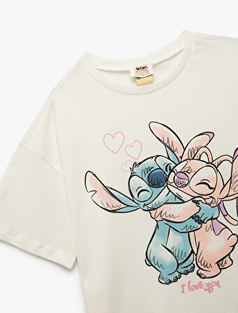 Pamuklu Lisanslı Stitch Baskılı Bisiklet Yaka Kısa Kollu Tişört
