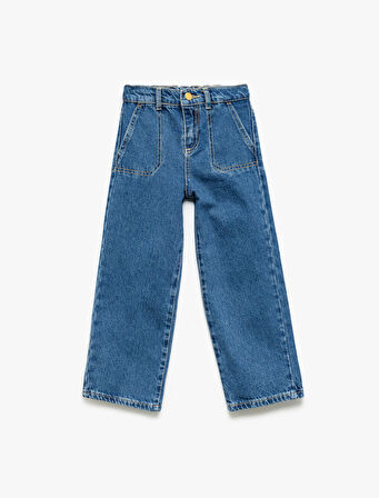 Pamuklu Cep Detaylı Bol Paça Denim Pantolon 