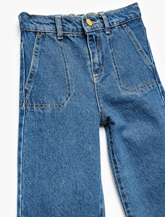 Pamuklu Cep Detaylı Bol Paça Denim Pantolon 