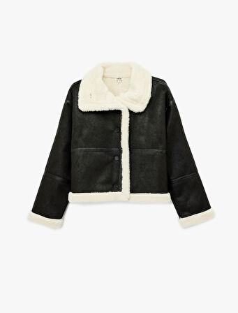 Uzun Kollu Cepli Dik Yaka İçi Peluş Astarlı Suni Süet Biker Ceket