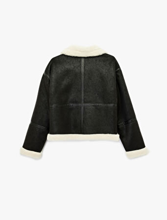 Uzun Kollu Cepli Dik Yaka İçi Peluş Astarlı Suni Süet Biker Ceket