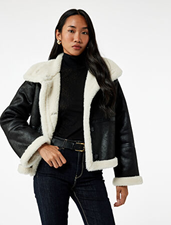 Uzun Kollu Cepli Dik Yaka İçi Peluş Astarlı Suni Süet Biker Ceket