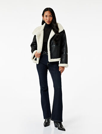 Uzun Kollu Cepli Dik Yaka İçi Peluş Astarlı Suni Süet Biker Ceket