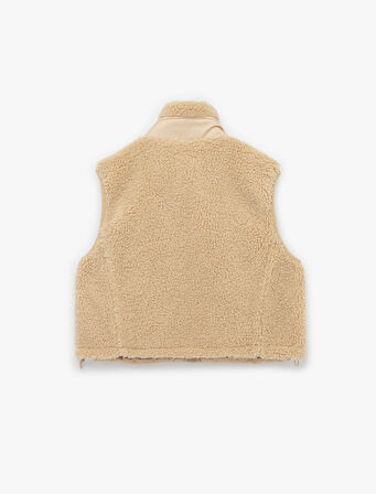 Dik Yaka Kolsuz Cepli Fermuarlı Peluş Crop Yelek