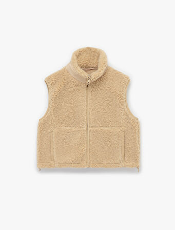 Dik Yaka Kolsuz Cepli Fermuarlı Peluş Crop Yelek