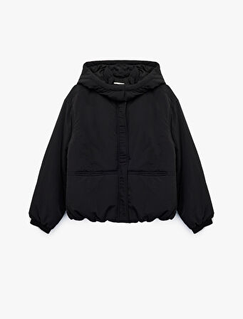 Cepli Fermuarlı Su İtici Uzun Kollu Kapüşonlu Kısa Şişme Mont