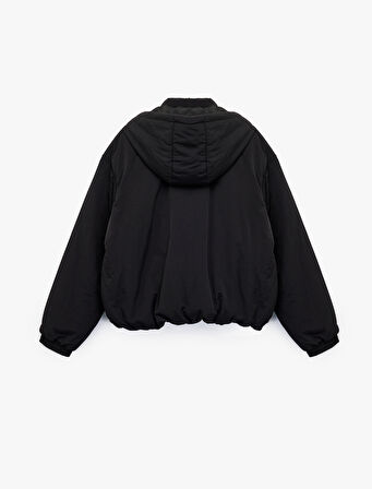 Cepli Fermuarlı Su İtici Uzun Kollu Kapüşonlu Kısa Şişme Mont