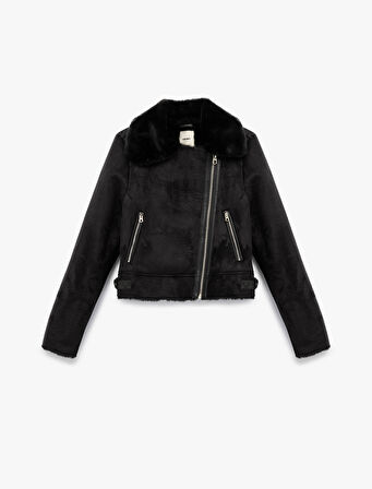 Kruvaze Yaka Uzun Kollu Fermuarlı Cepli Suni Kürk Yaka Crop Suni Süet Ceket