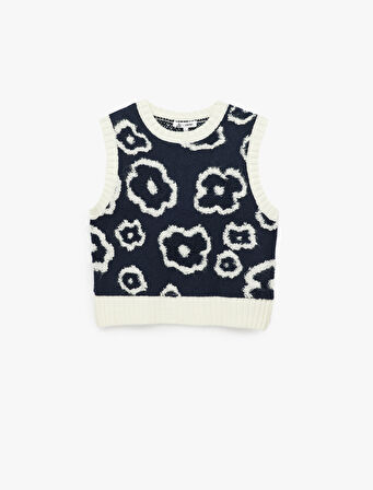 Bisiklet Yaka Çiçekli Kolsuz Triko Süveter